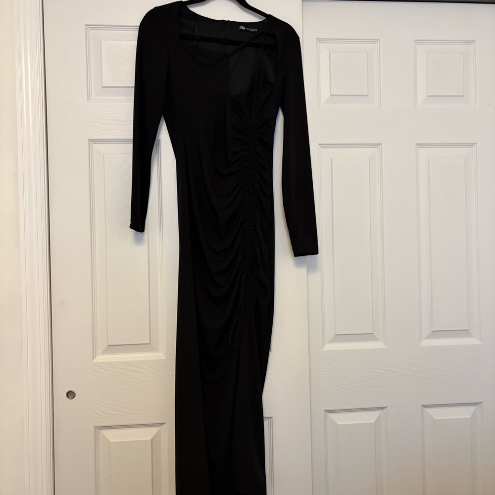 Zara Black Long-Sleeve Ruched Maxi Dress